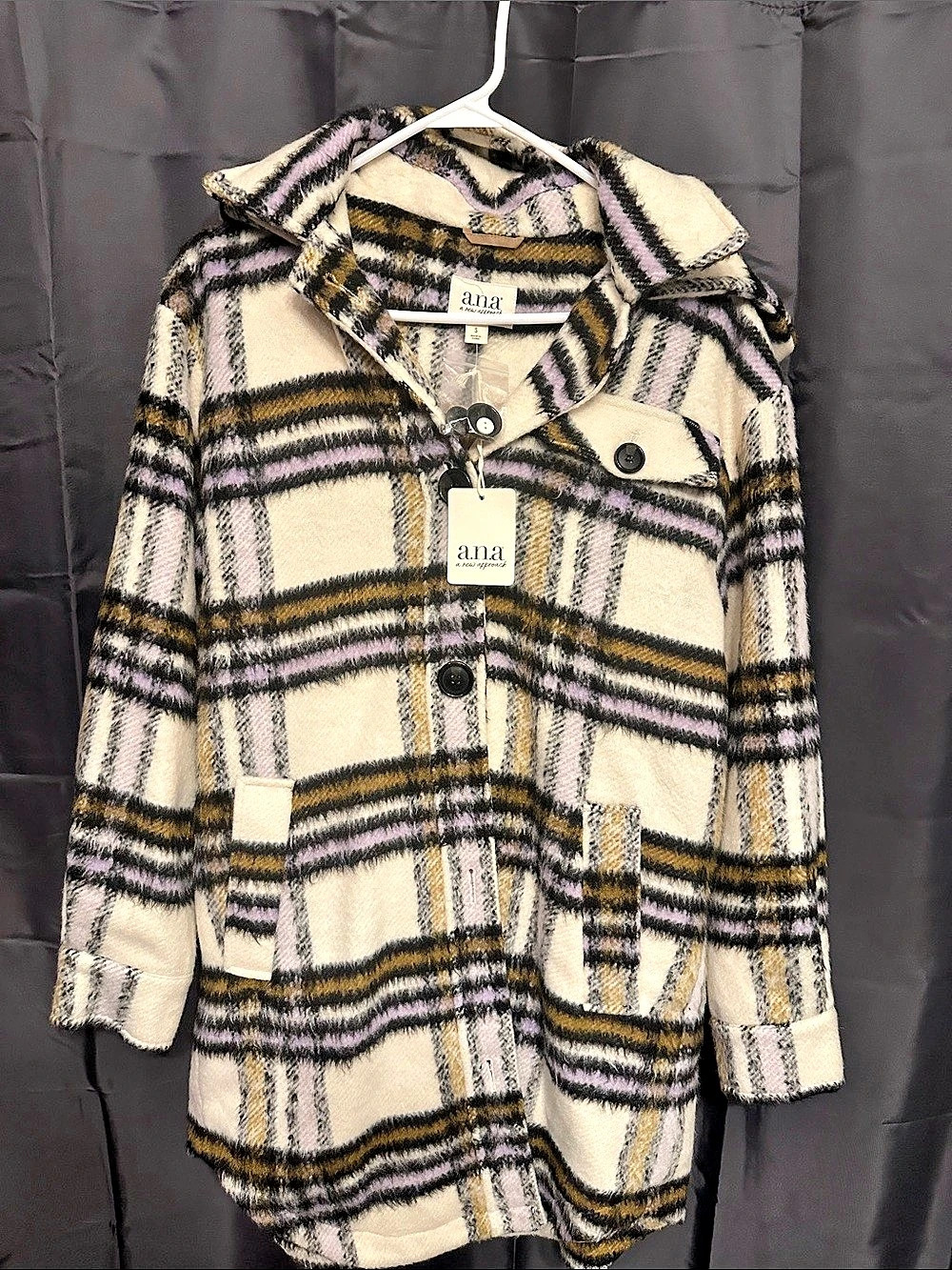 ana Plaid Pea Coat in Beige & Purple Size Small NWT